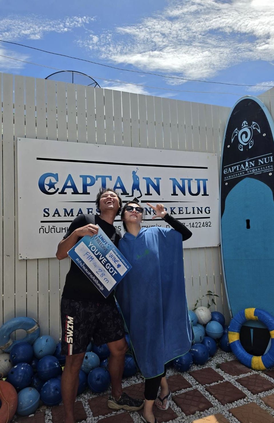 Student celebrating a 28 metre freediving achievement