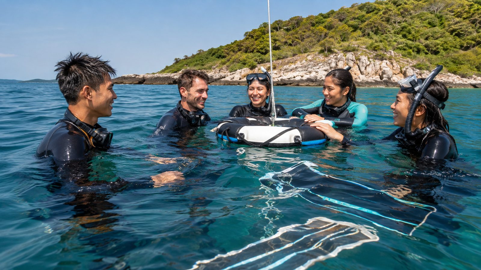 Illustrative scene of a freediving group resting safely together at the surface